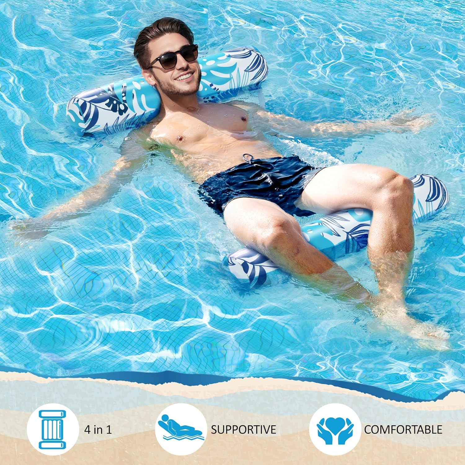 Pool Floats - 2 Pack Inflatable Pool Floats Rafts, 4-in-1 Pool Floaties for Adults, Pool Floats Adult Size, Multi-Purpose Toys Floats for Swimming Pool, Thick PVC Pool Lounger Float Water Hammock