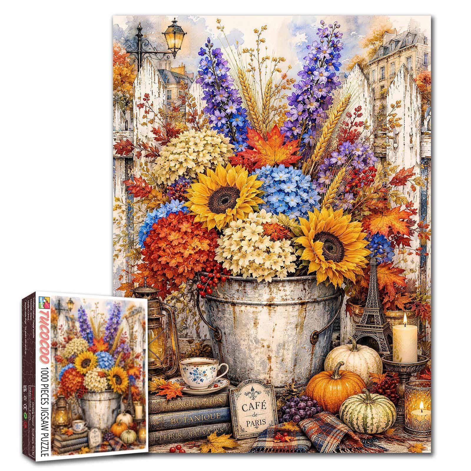 Fall Floral Jigsaw Puzzle Sunflower 1000 Pieces for Adults Harvest Autumn French Country Puzzle Challenging DIY Rustic Farmhouse Home Decor Family Perfect for Game Nights 20 x 27 Inches