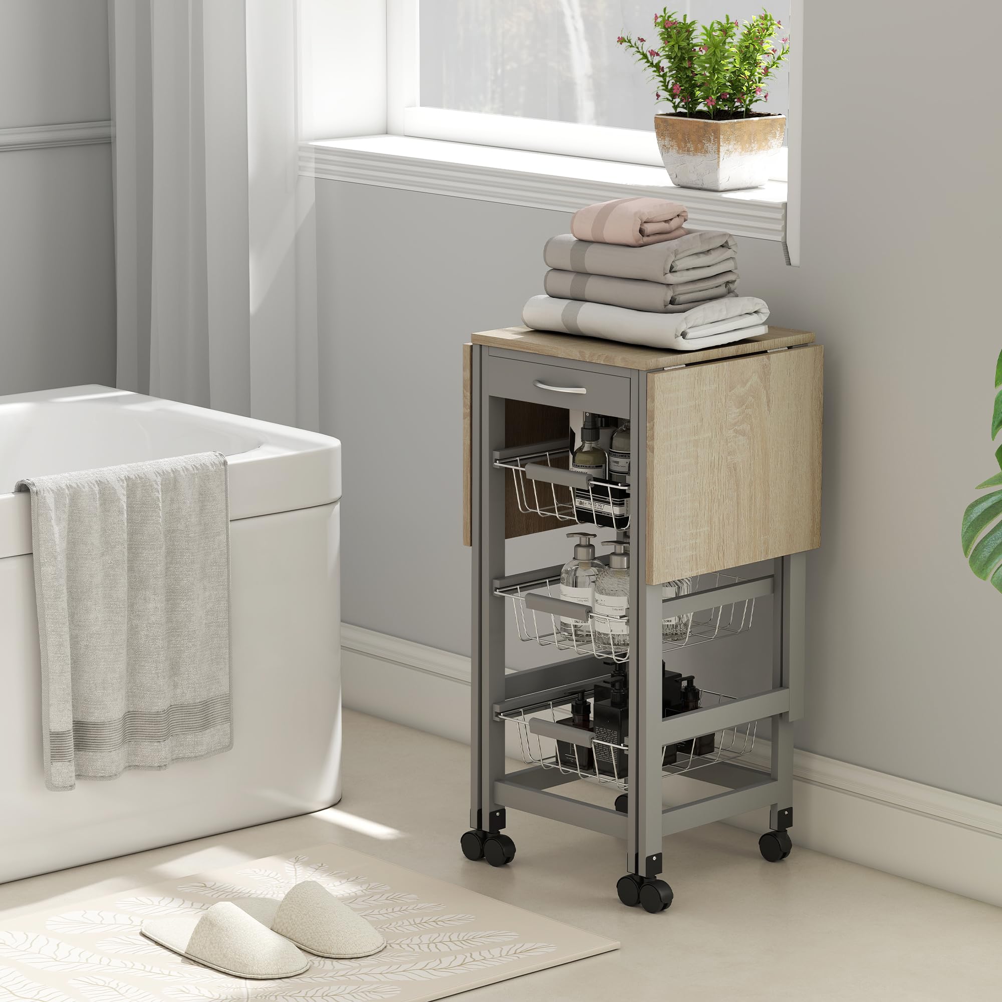 HOMCOM Carrito de Cocina con Alas Plegable, Carrito Auxiliar con Ruedas, Verdulero con Cajón y 3 Cesta de Metal, 97,2x37x77,5 cm, Gris y Roble
