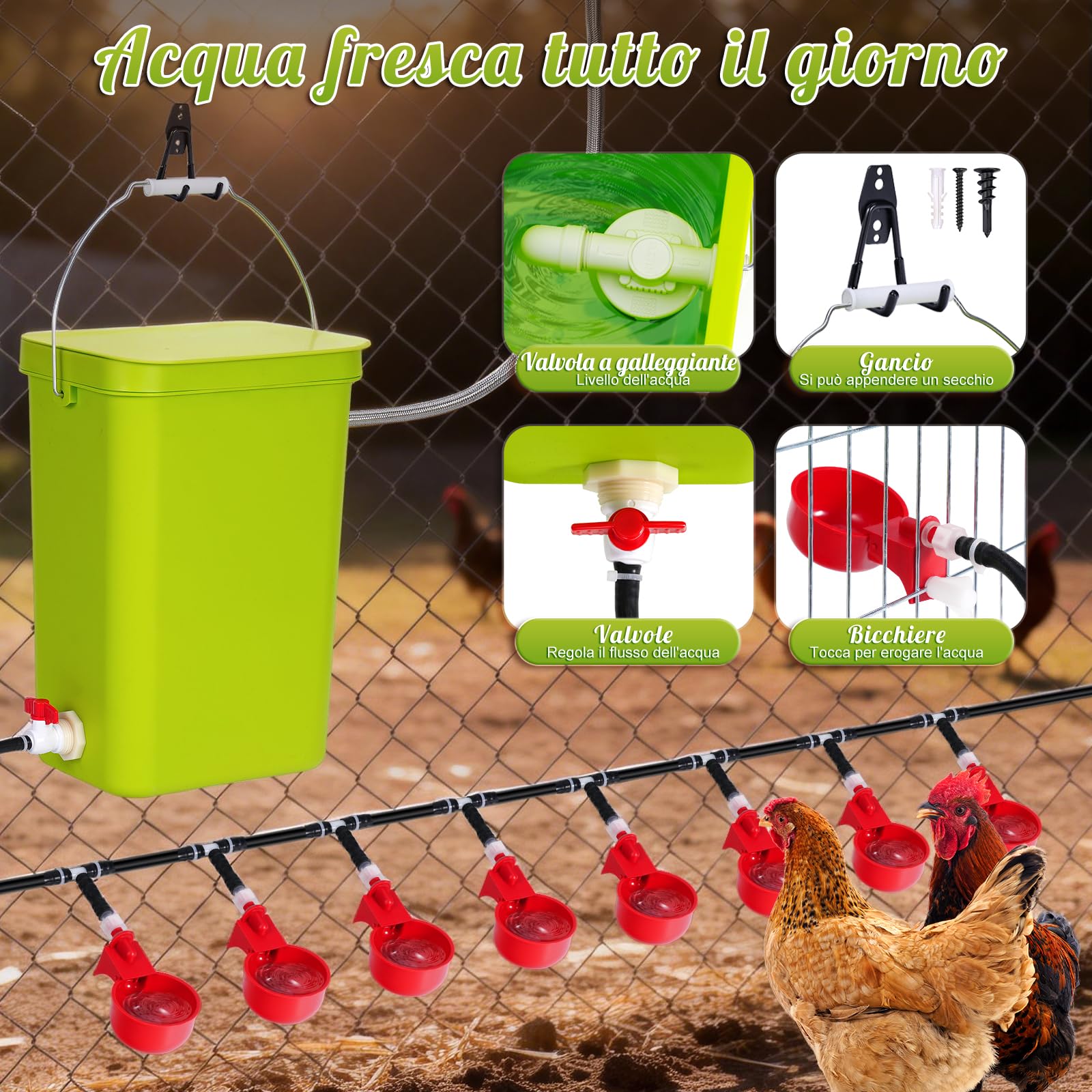 Set completo di abbeveratoio automatico per polli da 12 litri, con valvola galleggiante, dispenser di acqua per pollame con ciotole, abbeveratoio per polli, anatre, oche e quaglie