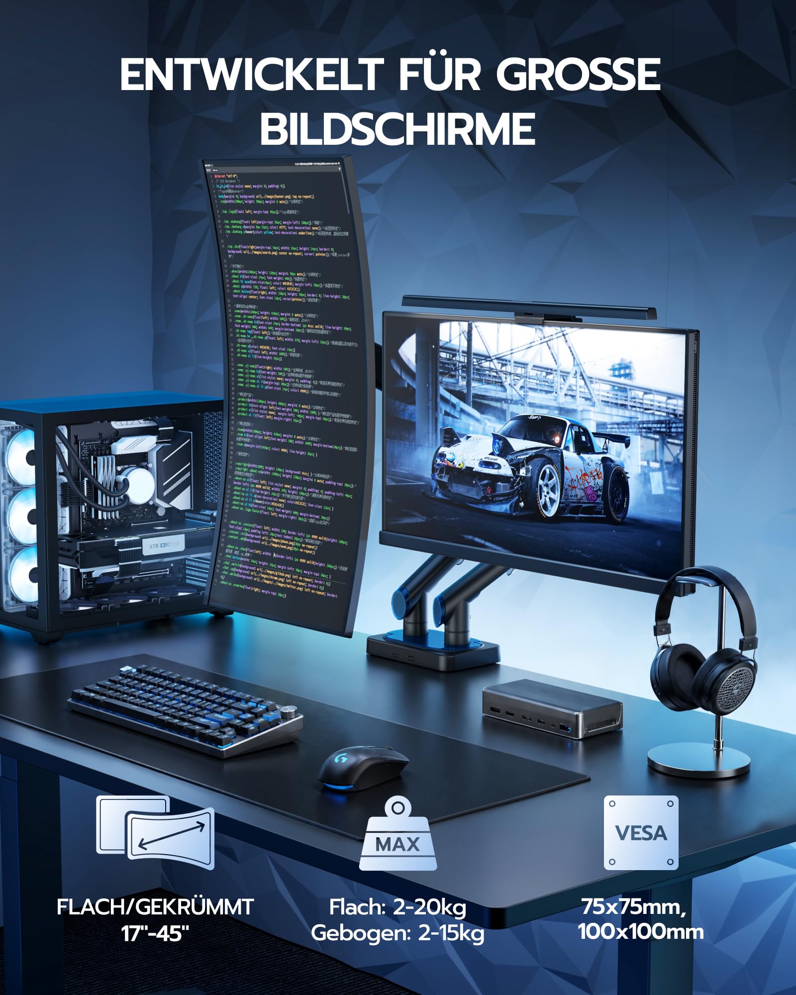 ARES WING Dual Monitor Halterung für 17-45 Zoll Bildschirme, Schwarz | Bildschirmhalterung 2 Monitore Gasfeder, Höhenverstellbar Schwenkbar Monitor Halterung, 2-20kg/arm，VESA 75/100 mm