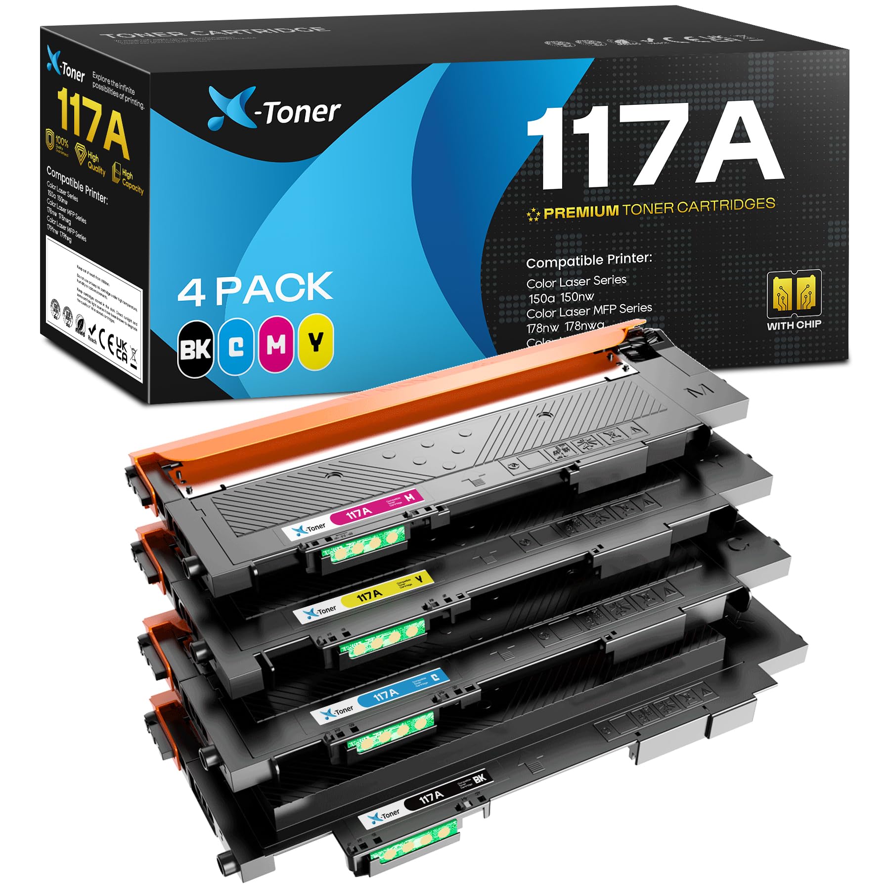 X-Toner 117A W2070A Toner Compatible con HP 117A Cartucho de Tóner para HP Color Laser 178nw 179fnw 178nwg 179fwg 150a 150nw 150w W2070A W2071A W2072A W2073A(Paquete de 4)