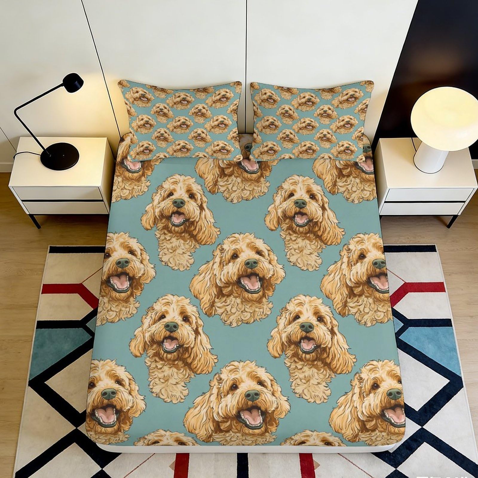 3D Printed Golden Doodle Dog Fitted Sheet Microfiber Non Slip Mattress Cover Blue Cartoon Bedding for Bedroom Guest Room 90x200x25cm