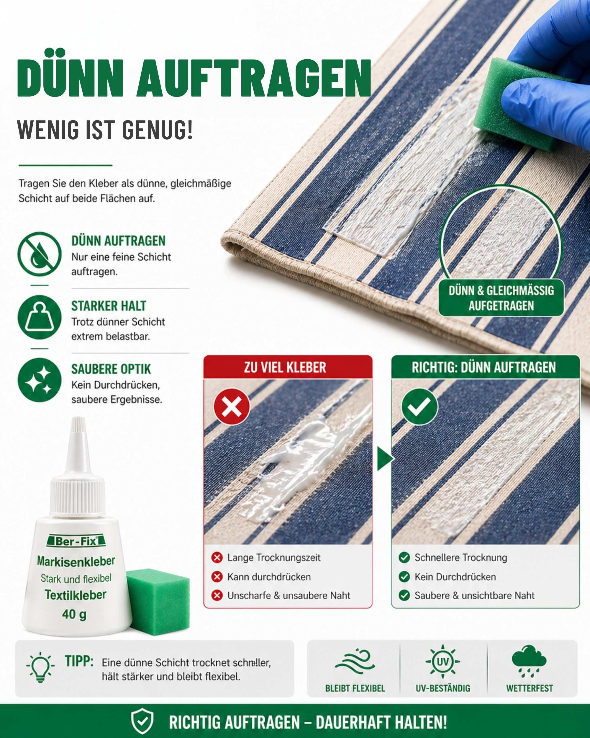 Ber-Fix® Textilkleber 500g XXL-Vorratsflasche – Wasserfester Stoffkleber extra stark – Transparenter Kleber für Stoffe, Baumwolle, Jeans, Filz, Leder & Markisen – Waschmaschinenfest