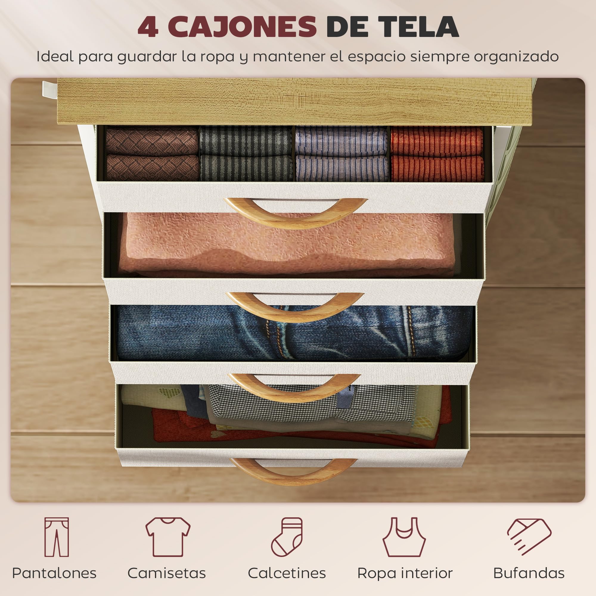 HOMCOM Cajonera de Tela Alta Cómoda con 4 Cajones 4 Bolsillos Laterales 2 Ganchos y Estructura de Acero Cómoda para Dormitorio Sala de Estar Pasillo Beige