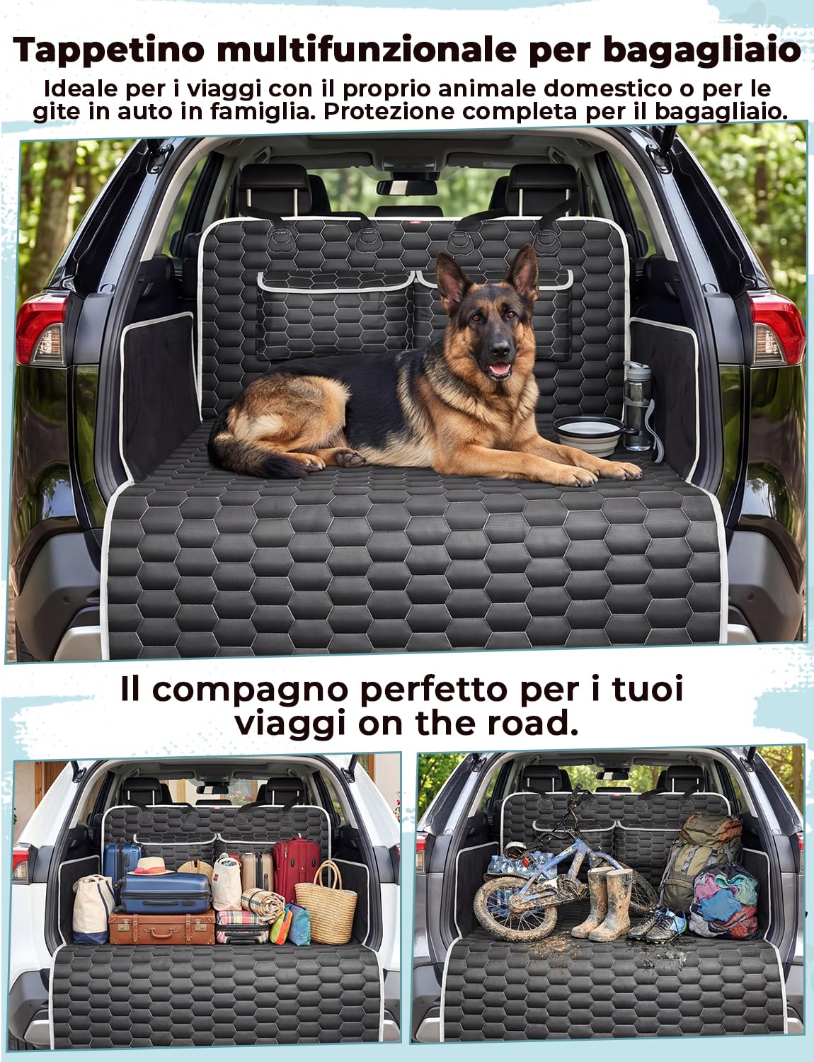 Oasser Telo Auto per Cani Bagagliaio con 2 Tasche Grandi,Impermeabile,Antiscivolo,Antipolvere,185 x 103 cm con Protezione Laterale e Paraurti,Lavabile in lavatrice,Universale per Auto e SUV Nero