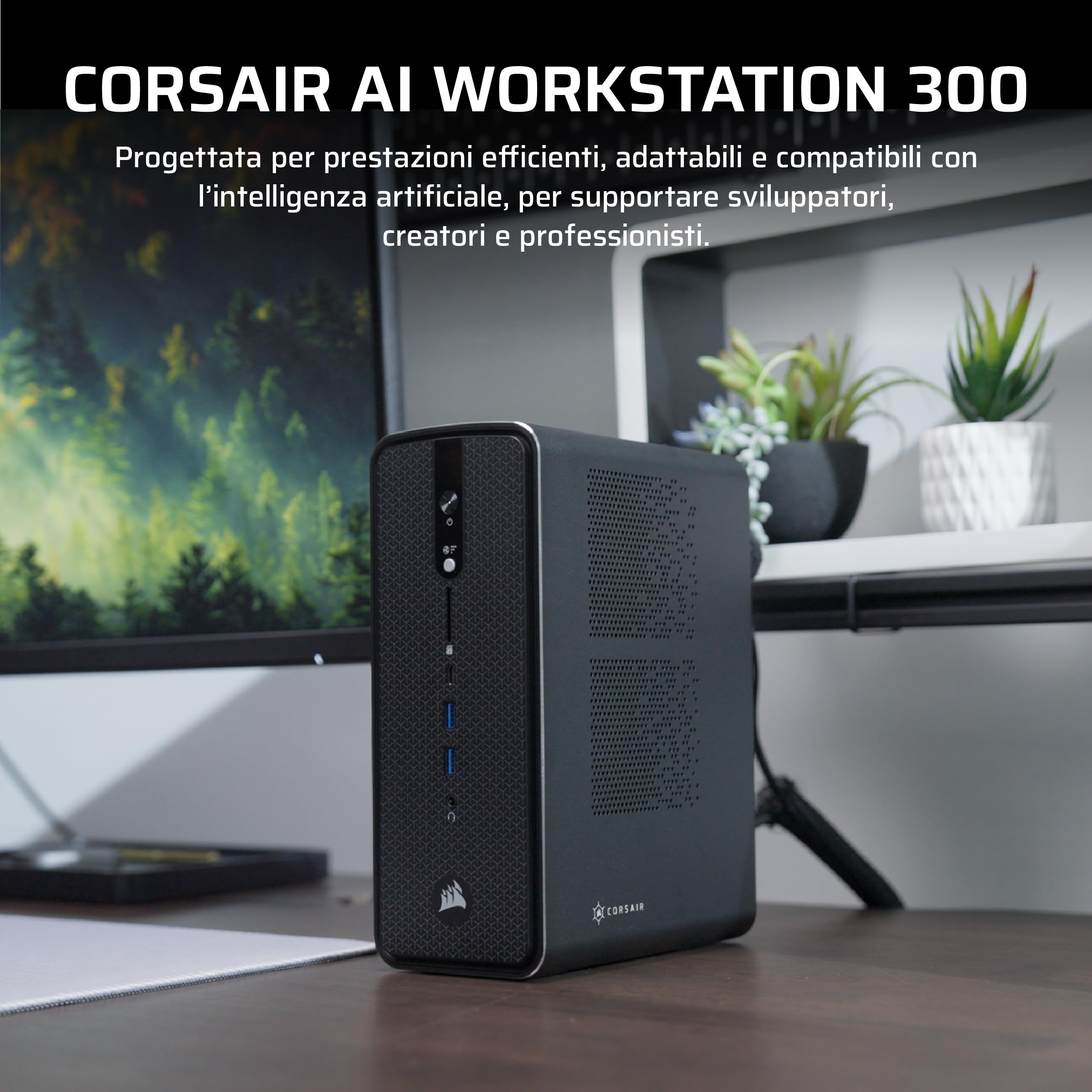 Corsair AI WORKSTATION 300 PC Desktop – CPU AMD Ryzen AI Max 385 – iGPU AMD Radeon 8050S (Fino a 48 GB di vRAM) – 64 GB di Memoria LPDDR5X 8000MHz – 1TB di SSD M.2 – Nero