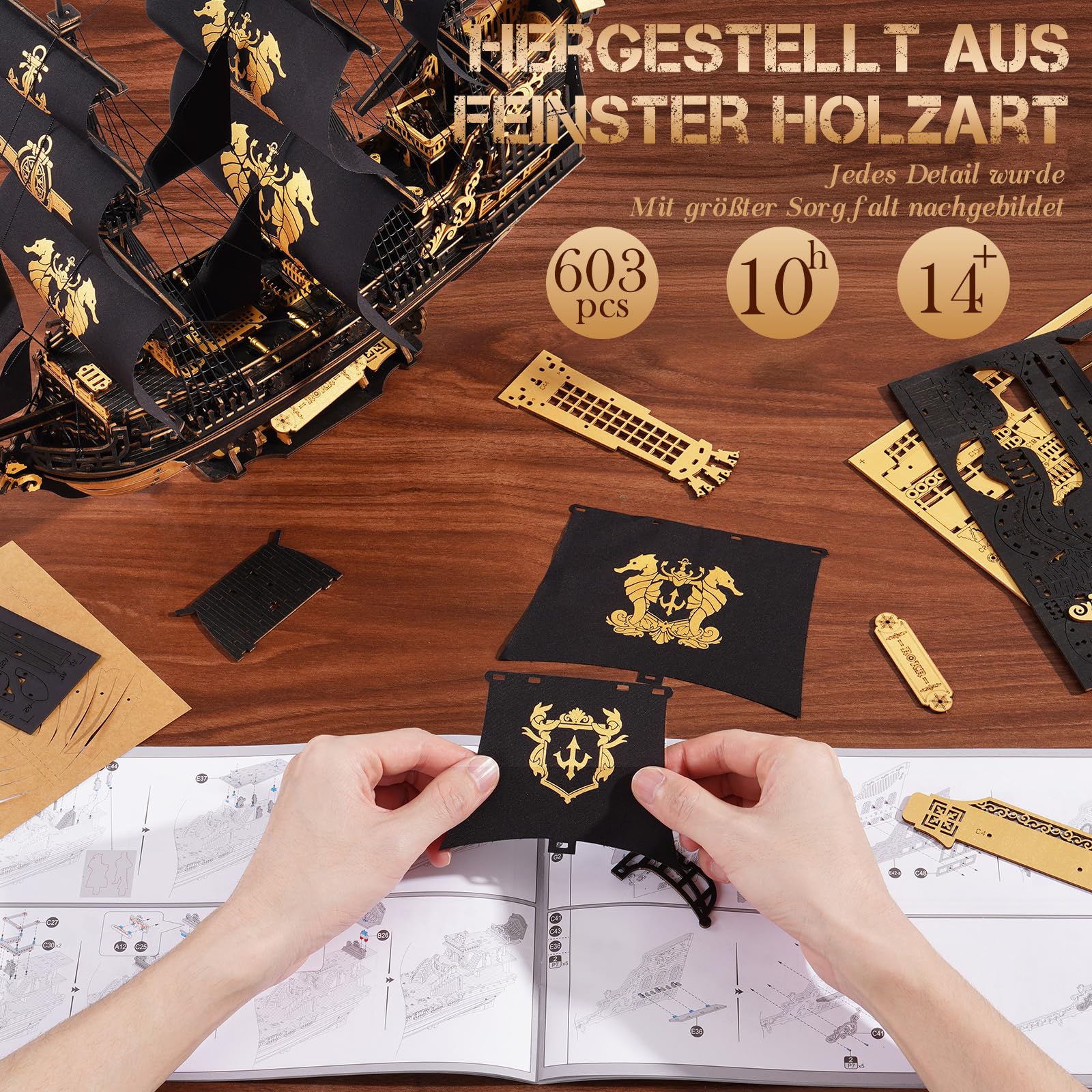 ROKR Seepferdchen Barke MCB02 3D Puzzle Holz Modellbausatz Erwachsene Bauen Schiffsmodell Bausatz Holz Basteln Dekoration Einzigartig Geschenk für Männer
