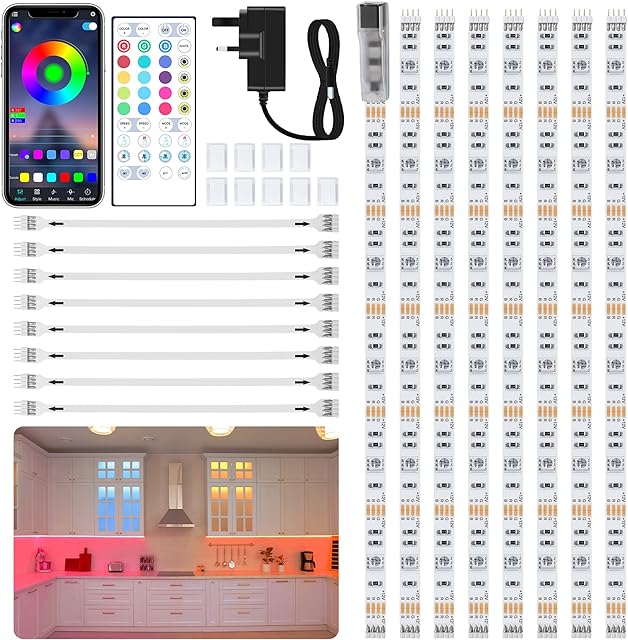 SHINELINE Under Cabinet Lights,8PCS RGB Under Cupboard Kitchen Lights with App and Remote Control 4M Led Strip Light Music Sync Color Changing for Kitchen Cabinet, Counter, Shelf, Bookcase, Display