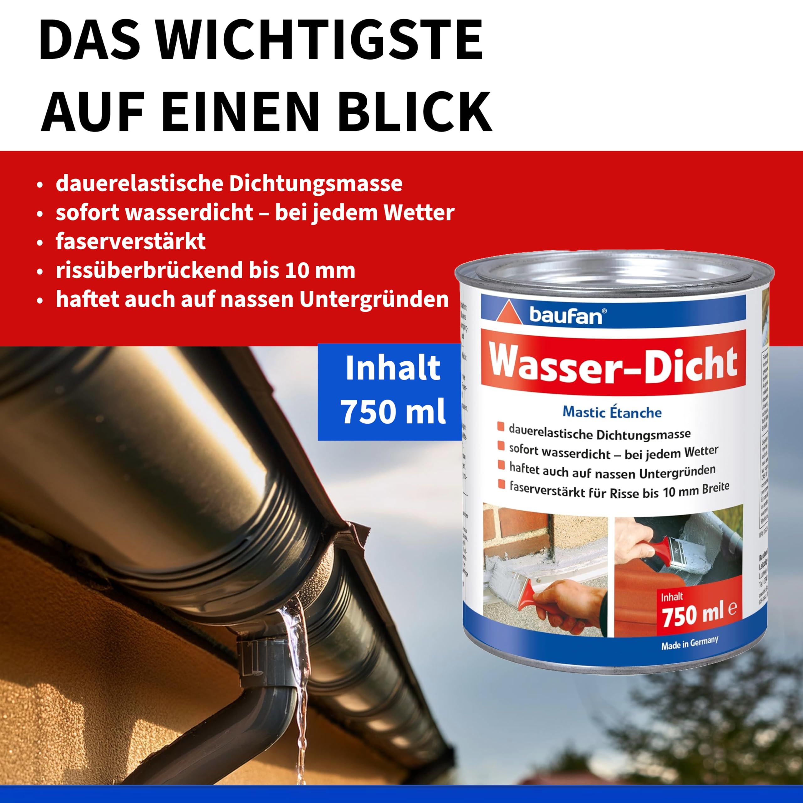 Baufan Wasser-Dicht - 750ml I Dichtmasse sofort wasserdicht und dauerelastisch I faserverstärkt, rissüberbrückend bis 10 mm auch auf nassen Flächen (Packung mit 2)