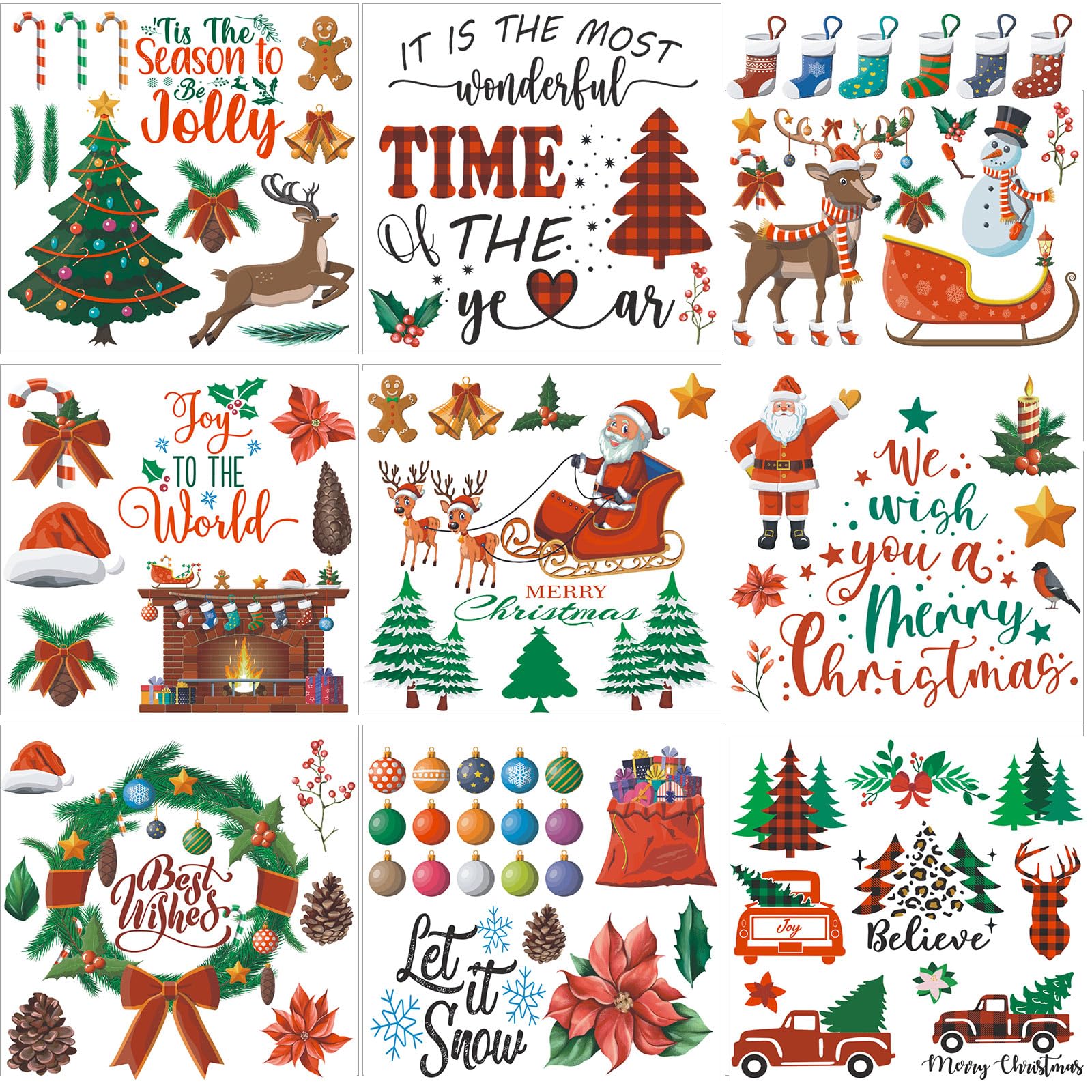 WILLBOND 9 Sheet Merry Christmas Rub on Transfer Decals Xmas Snow Vintage Rub on Furniture Believe Snowman Santa Rub on Transfer Decal with Wood Transfer Tool for Christmas, 5.5 x 5.7 Inch