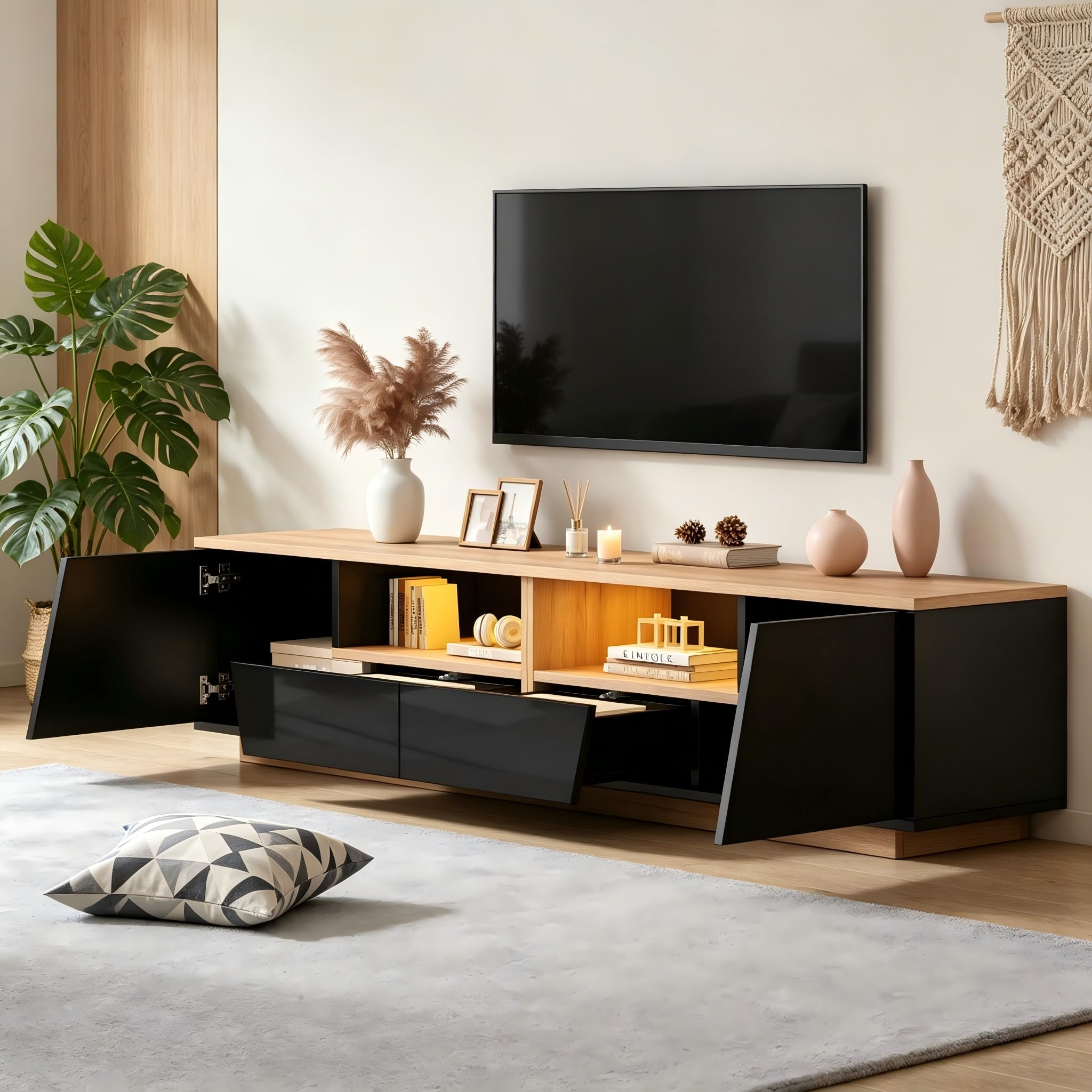 Mobile basso lucido, 180 x 40 x 46 cm, mobile TV con 2 cassetti e 2 armadi, mobile TV, adatto per televisori fino a 75 pollici, nero + giunto in legno