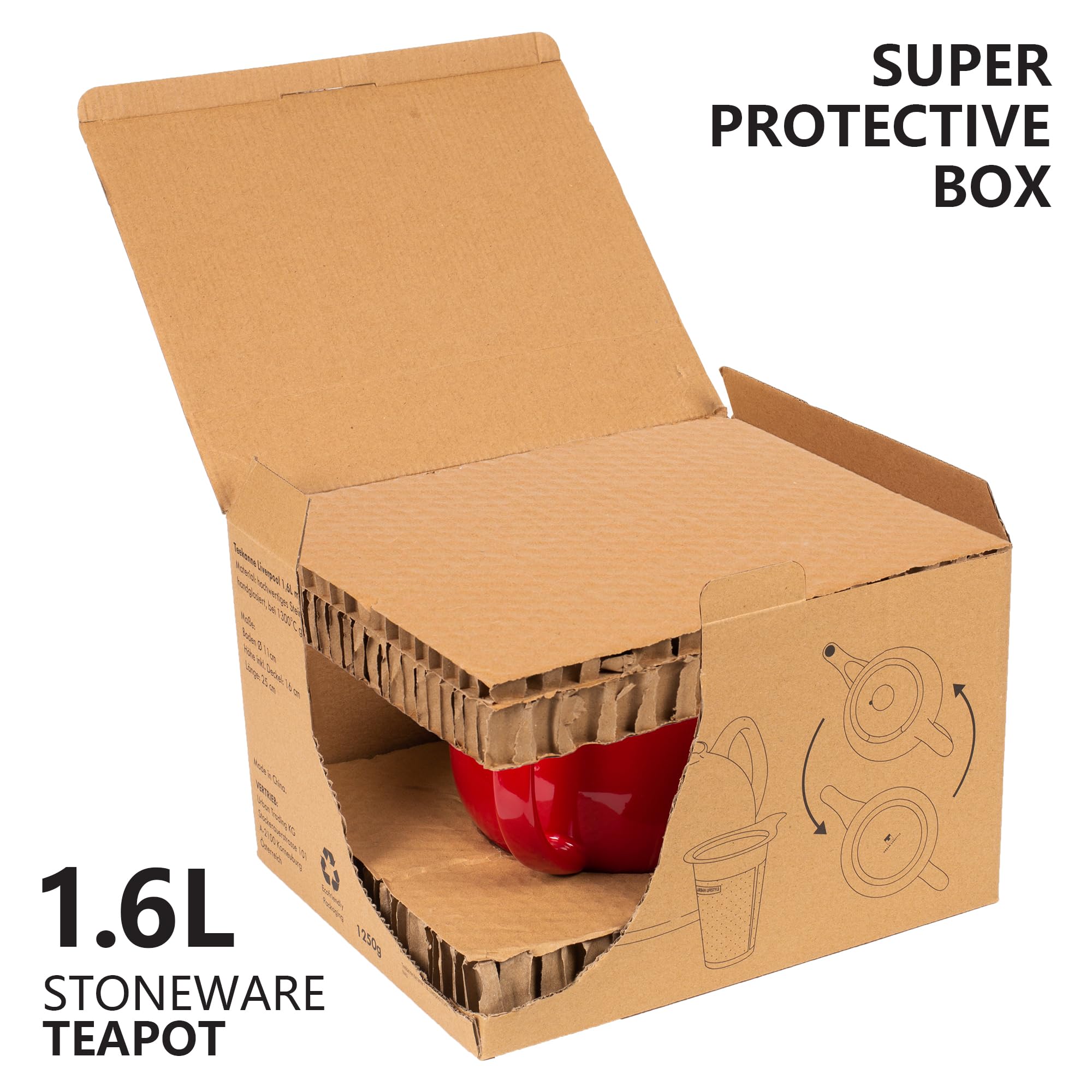 Urban Lifestyle Teekanne mit Stövchen 1,6 L Rot B Ware aus Steinzeug mit Edelstahl Sieb tropffrei Teekanne Keramik mit Siebeinsatz Teeset für losen Tee 6 bis 8 Tassen