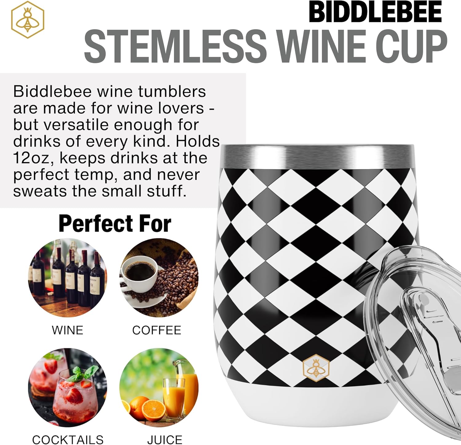 Biddlebee 12 Oz Stainless Steel Wine Tumblers with Slider Lids, 2-Pack – Double Wall Insulated Cups for Wine, Coffee, Cocktails, or Tea – Keeps Drinks Hot or Cold for Hours (Black & White) - Image 4