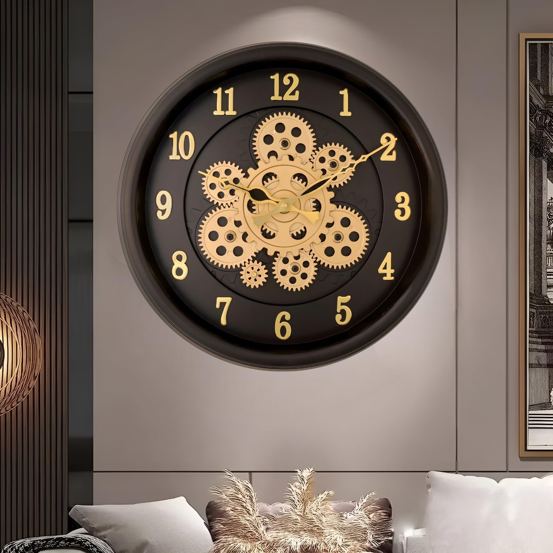 De'rons Rotating Moving Gears Wall Clock Industrial Steampunk Real Moving Gear Designer Wall Clock for Living Room Home Decor Office Wooden Look Plastic Round 32cm DC-1387 (Black Golden)-picture-18