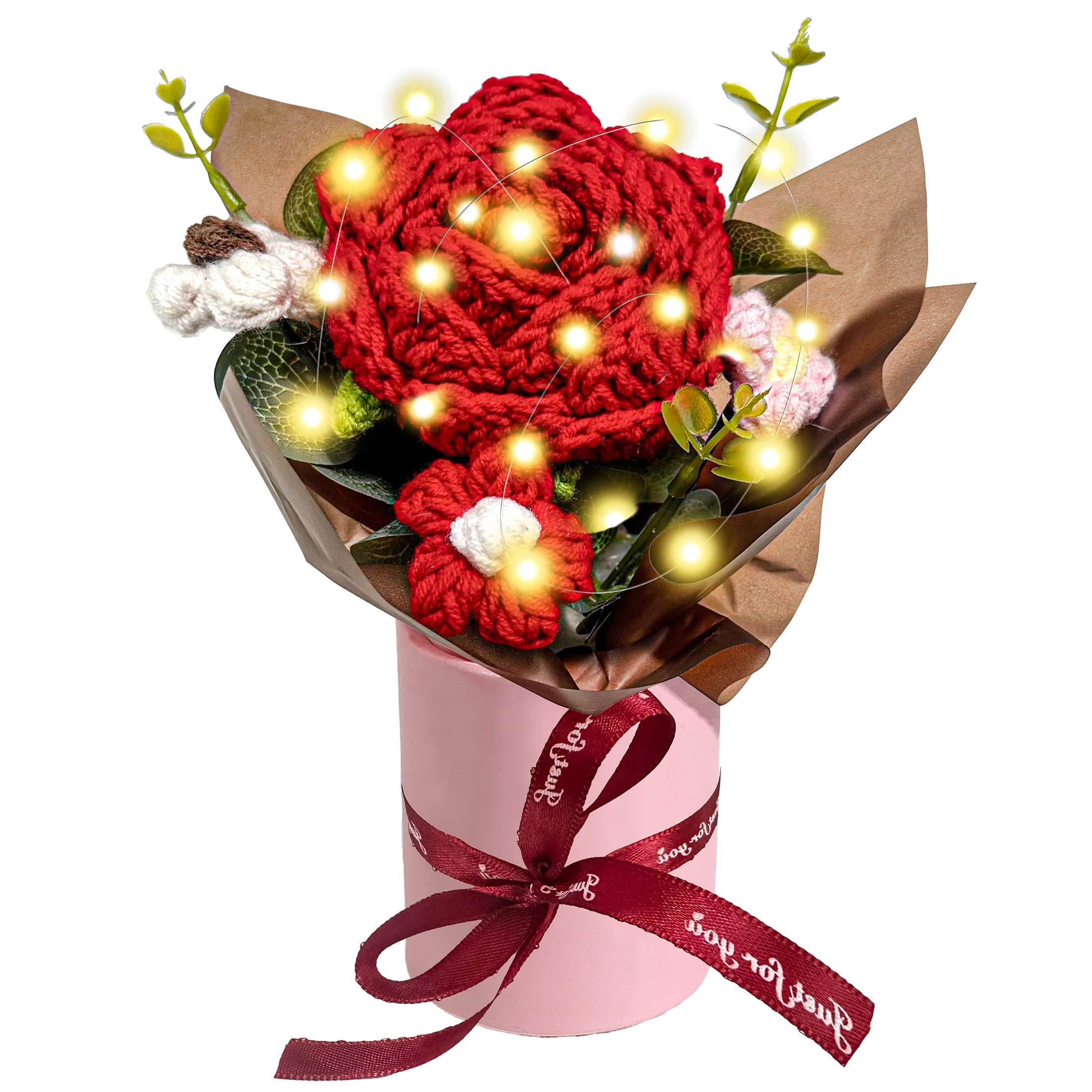 Pelizen Crochet Flower Bouquet, Crochet Bouquet of Flowers, Handmade Knitted Flowers with Card for Anniversary, Birthday, Wedding, Gift for Women (Red-1)
