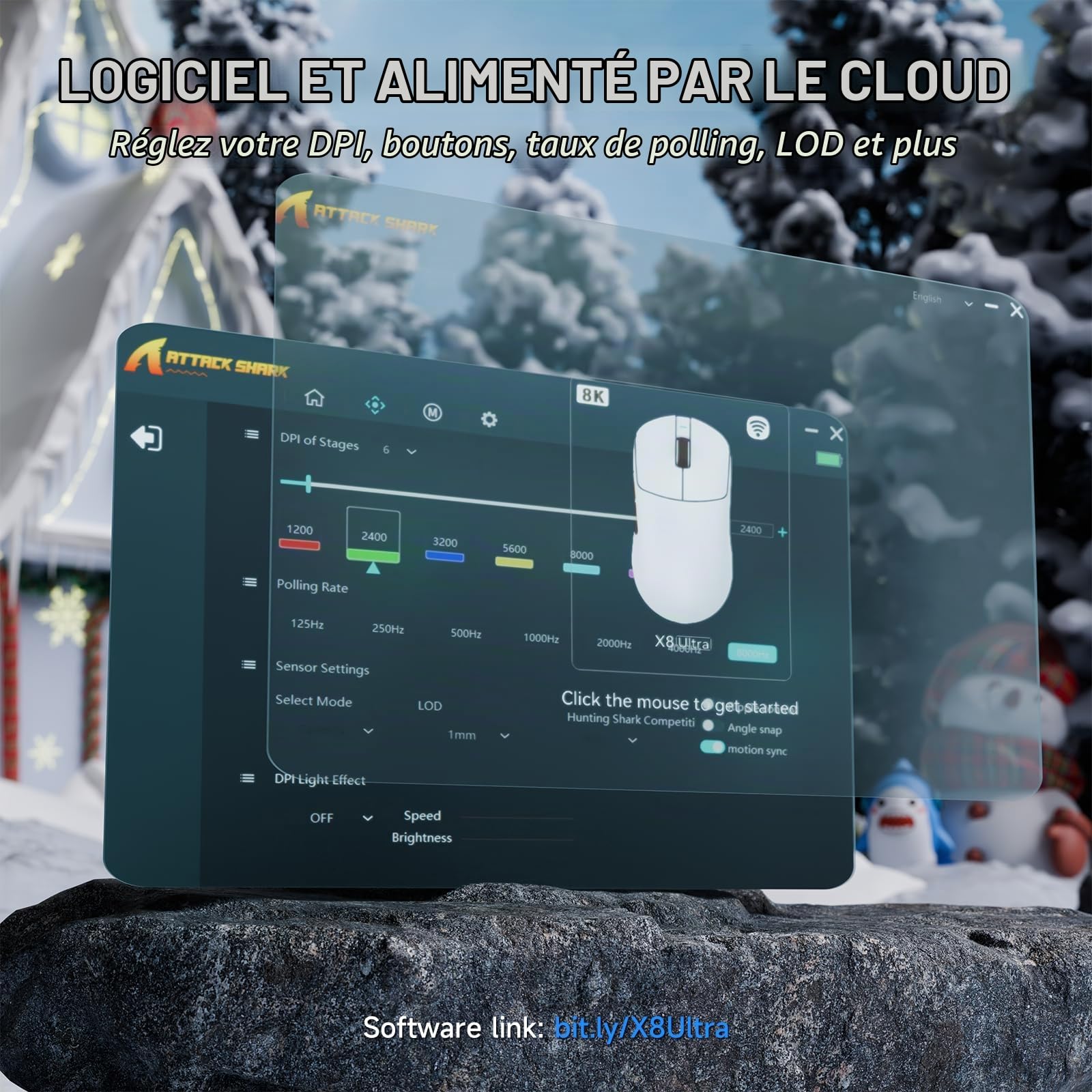 ATTACK SHARK X8 Ultra 8KHz Souris Gaming Sans Fil, 55g Ultraléger, Nordic52840, PAW3950MAX, 42KDPI, BT/2.4Ghz/Filaires, Revêtement Nano Frais, Grosses Mains, 500mAh, SW & Web Driver,Pour PC/Mac (Noir)