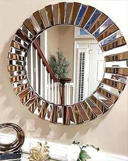 Artloge 32 inch Round Wall Mirror: Large Decorative Silver Glass Vanity with Beveled Crystal Bling Sunburst Frame Edge, Ho...