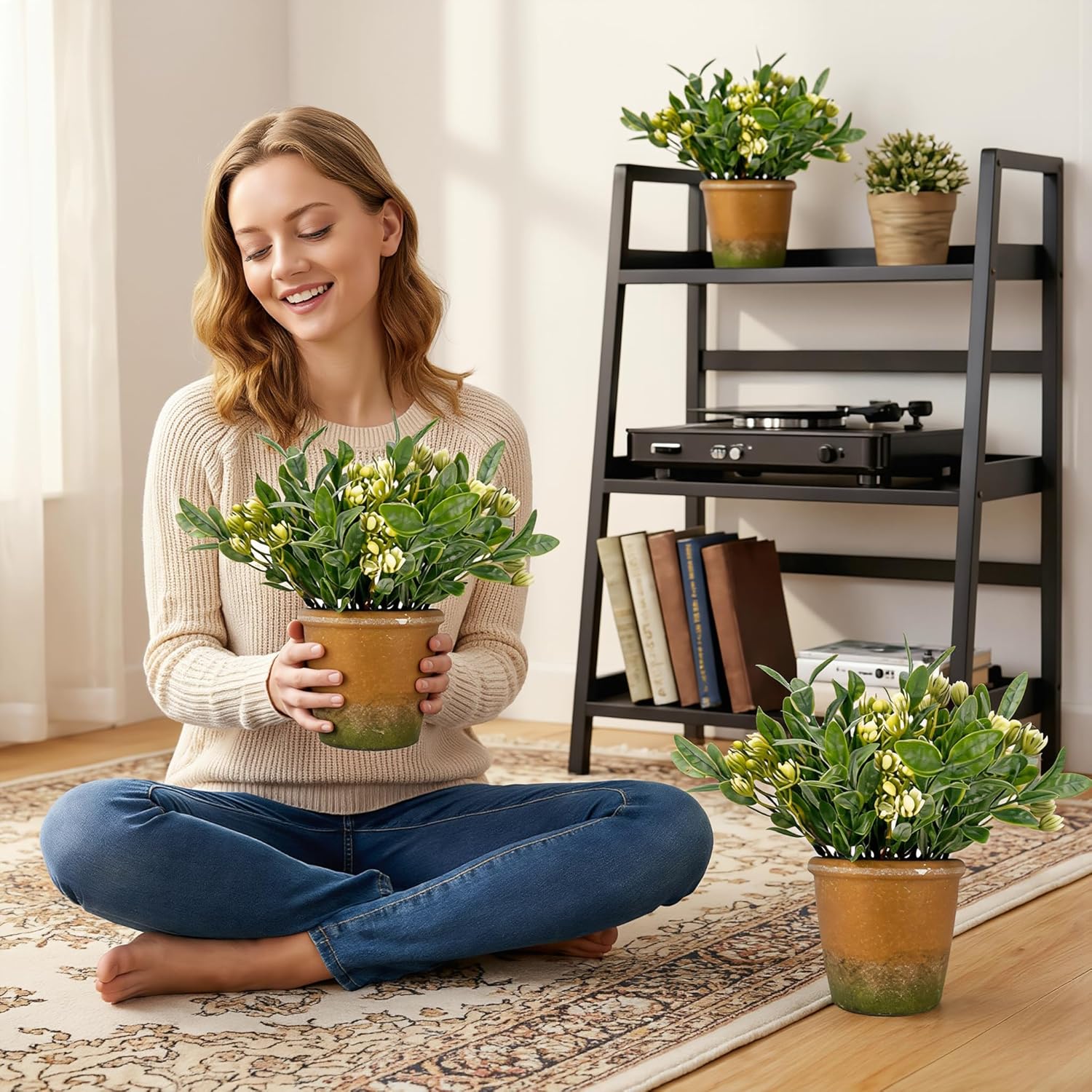 MONOID Small Artificial Potted Plant for Desk, Faux Greenery with Ceramic Look Pot, Mini Fake Plant for Office Shelf Bathroom Home Decor
