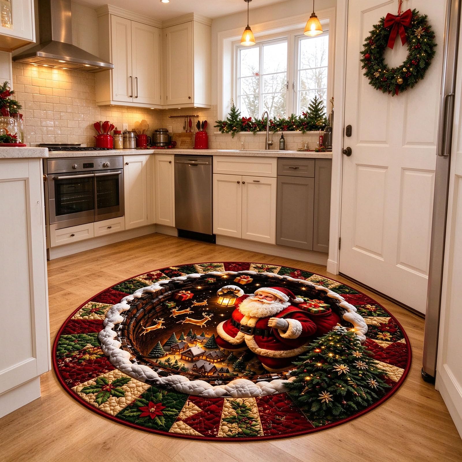 Tapis Illusion D'optique 3D, Tapis Rond avec Motif père noël,1,160cm