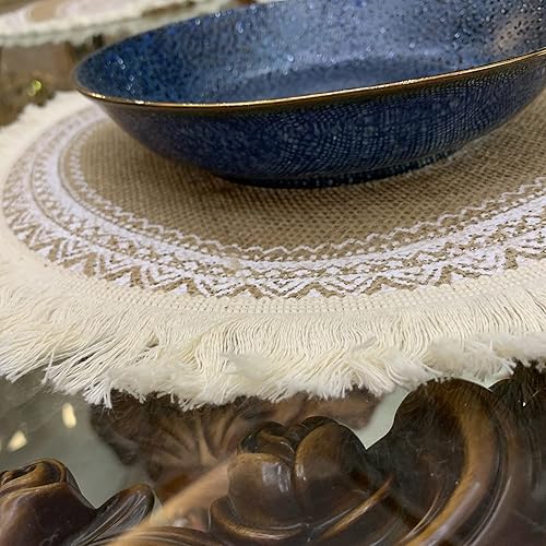 Miniatura 4 de Juego de 6 manteles individuales redondos, para comedor de invierno, moderno, trenzado, beige, bohemio, mesa redonda y círculo de otoño, manteles