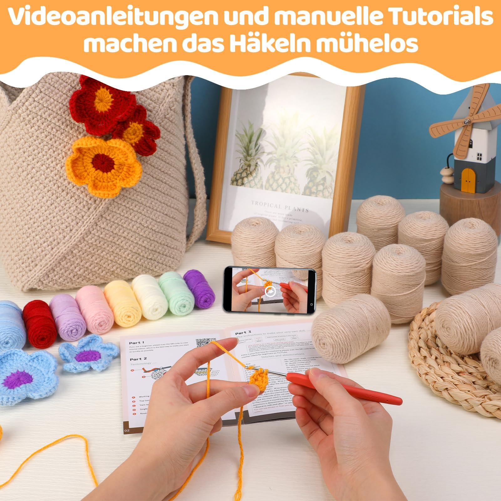 Deudy Häkelset für Anfänger, Crochet Häkel Set Rucksack Kit, Komplett mit Garn, Häkelnadel, Anleitung, Ideal für Hook & Step-by-Step Video Tutorials DIY Shoulder Bag Crafting Gift for Adults (Khaki)