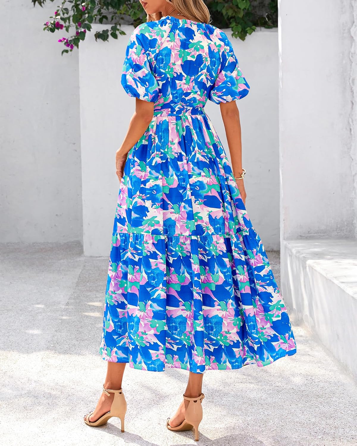 BTFBM Summer Dresses for Women 2026 Boho Short Sleeve V Neck Button Belt Flowy Spring Clothes Beach Vacation Maxi Dress - Image 3