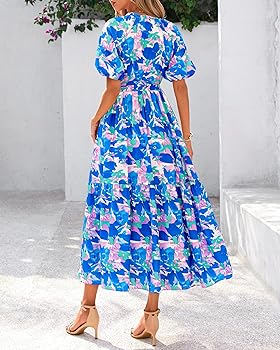 White Flowy Midi Summer Dress BTFBM Summer Dresses For Women 2026 Boho  Short Sleeve V Neck Button Belt Flowy Spring Clothes Beach Vacation Maxi  Dress(Floral Blue Purple White, Small) At Amazon Women's ...