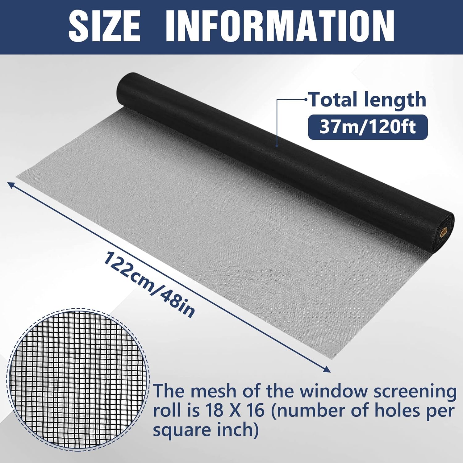 Sasylvia Replacement Window Screens, 48in x 120ft, Durable Fiberglass Window Screen Mesh Roll, Easy to Cut, Not Easy to Tear, Black Door Screens for Flies Mosquitoes Bug Prevention Pet Proof