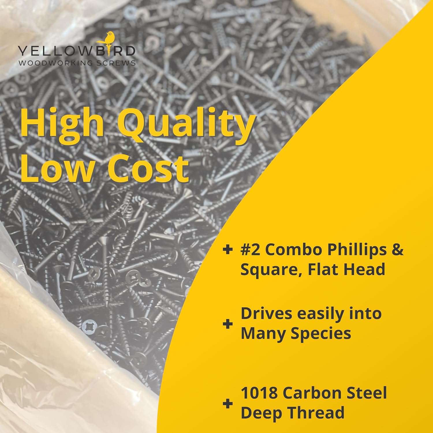 Yellowbird #8 x 1-1/2" Combo Square/Phillips Drive Flat Head - Countersinking Nibs - Deep Thread - Type 17 - Cabinet Assembly and Interior Work - Black Phosphate Wood Screw - Bit Included - 600ct.