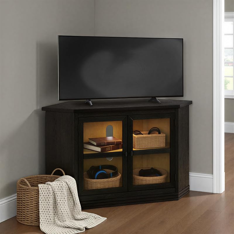Martin Svensson Home Timber Ridge Corner TV Stand 49.5" Wood & Glass, Black