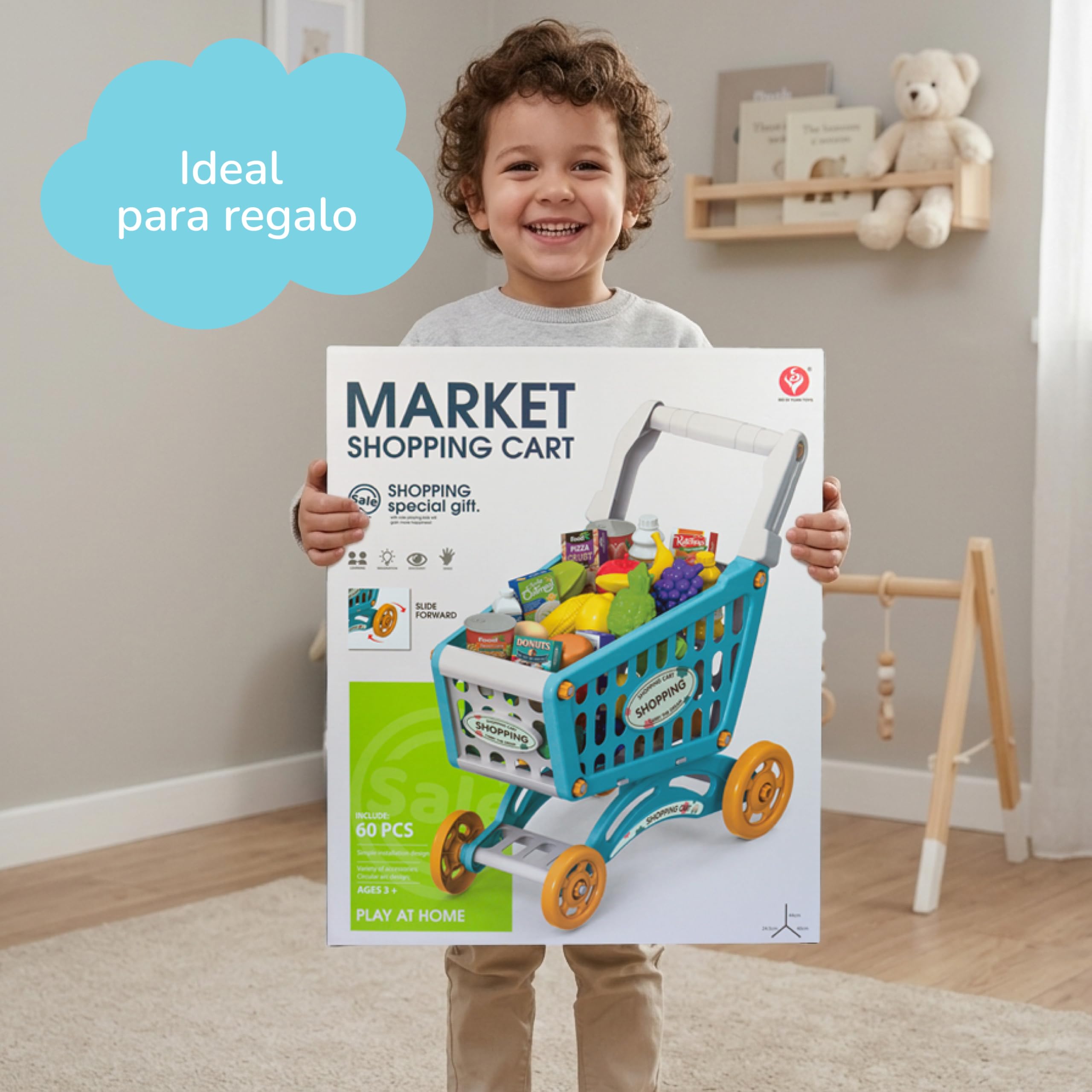 Carro de Compras de Juguete con Música - 28 Accesorios – Incluye Comida – Juguete Educativo para Niños y Niñas +3 Azul