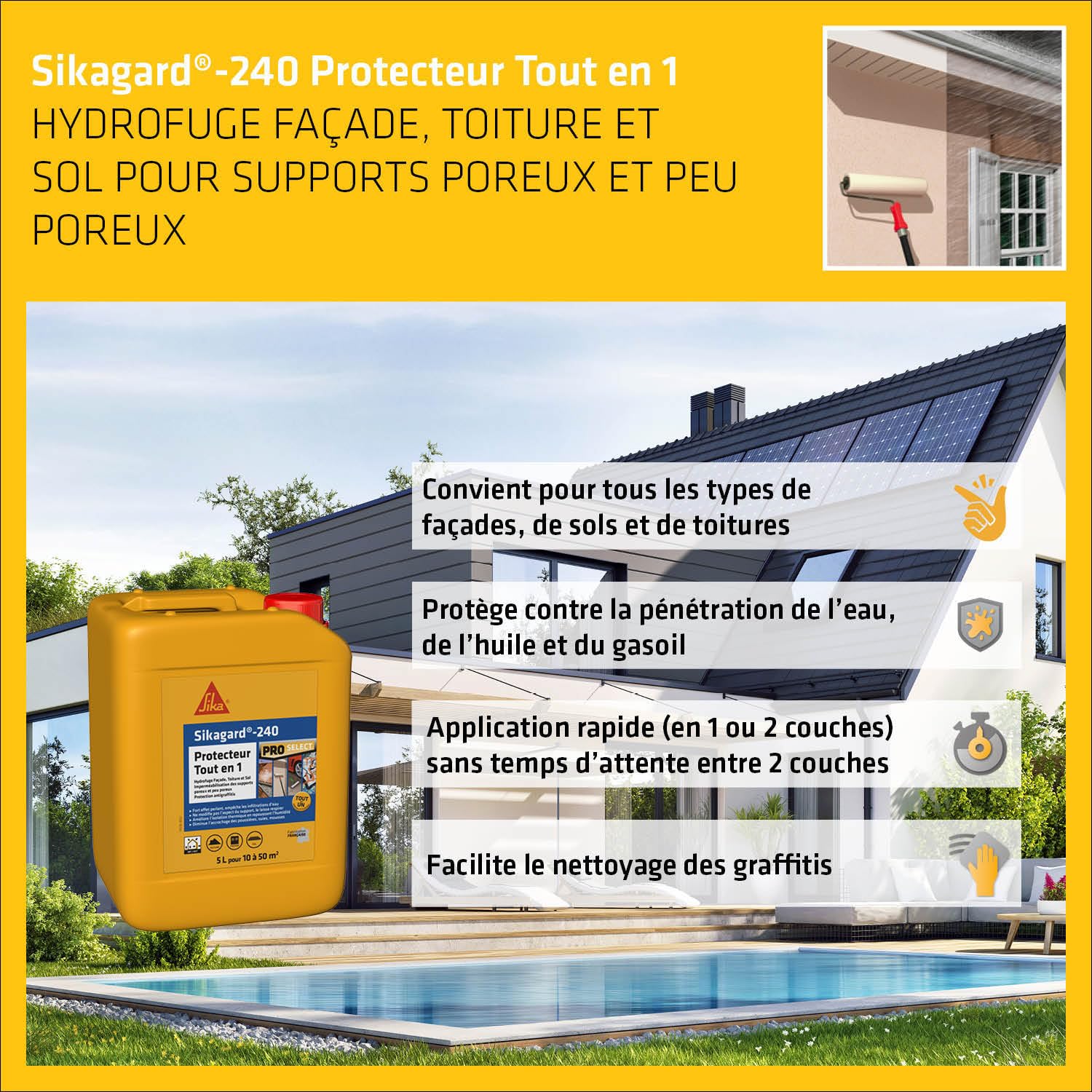 Sika Sikagard 240 Protecteur Tout en 1, Protection hydrofuge façade, mur, toiture et sol, 5L & lex PRO 11 FC Purform Gris béton, Mastic polyuréthane PU tout en 1, mastic multi-matériaux