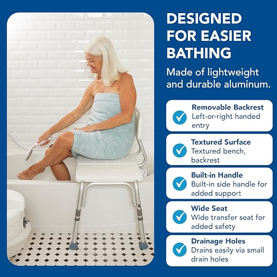 Carex Shower Bench and Shower Chair For Elderly and Disabled with Height Adjustable Legs, Tub Bench Converts to Right or Left Hand Entry, Shower Chair For Bathtub