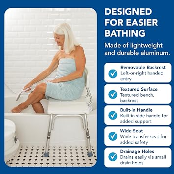Carex Shower Bench and Shower Chair For Elderly and Disabled with Height Adjustable Legs, Tub Bench Converts to Right or Left Hand Entry, Shower Chair For Bathtub