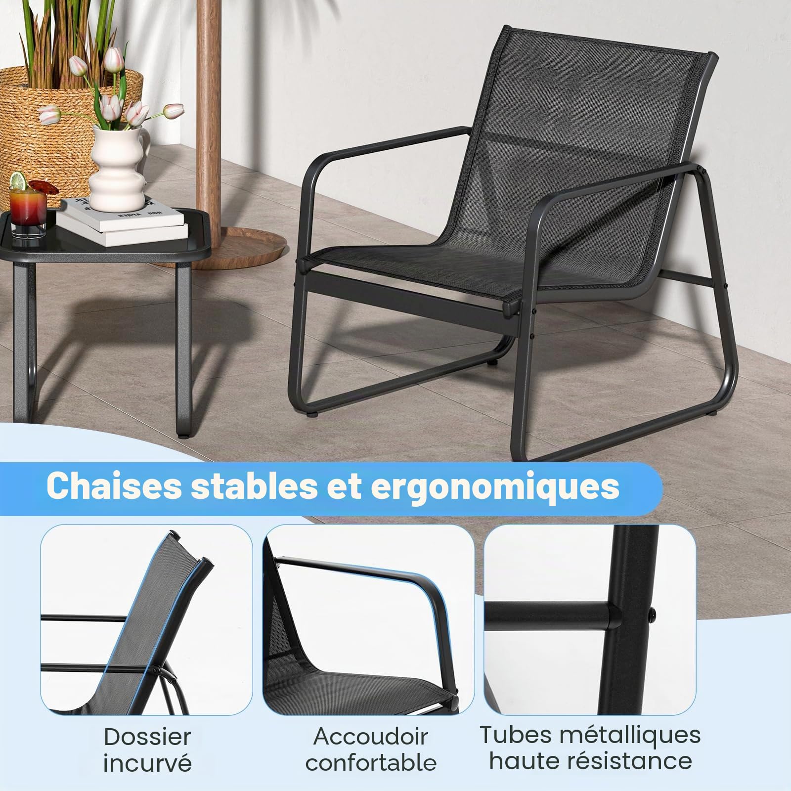 FANTASK Ensemble de Balcon 3 pièces en Tissu Respirant - Meubles de Jardin avec 2 chaises et Table pour terrasse et Balcon - Noir