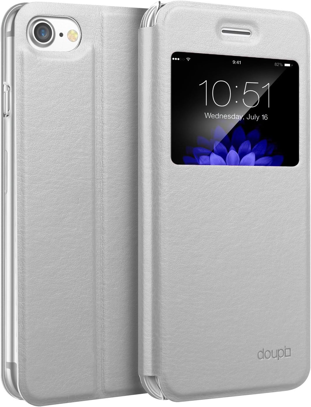 doupi Flip Cover for iPhone 6 6S (4.7 inch), with Viewing Window Magnet Protective Flip Case BookStyle Screen Protector Stand, white