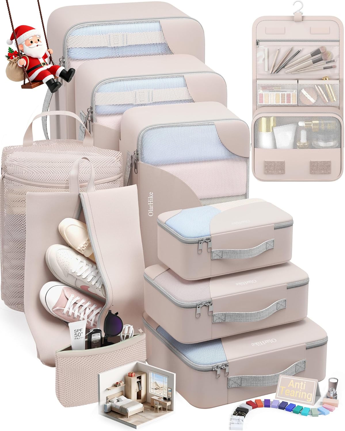 10 Set Packing Cubes for Travel, Gifts for Women Mom,Anti-Tearing Suitcase Organizer for Luggage with Shoe & Hanging Toiletry Bag,OlarHike Vacation Essentials & Accessories for Cruise Ship