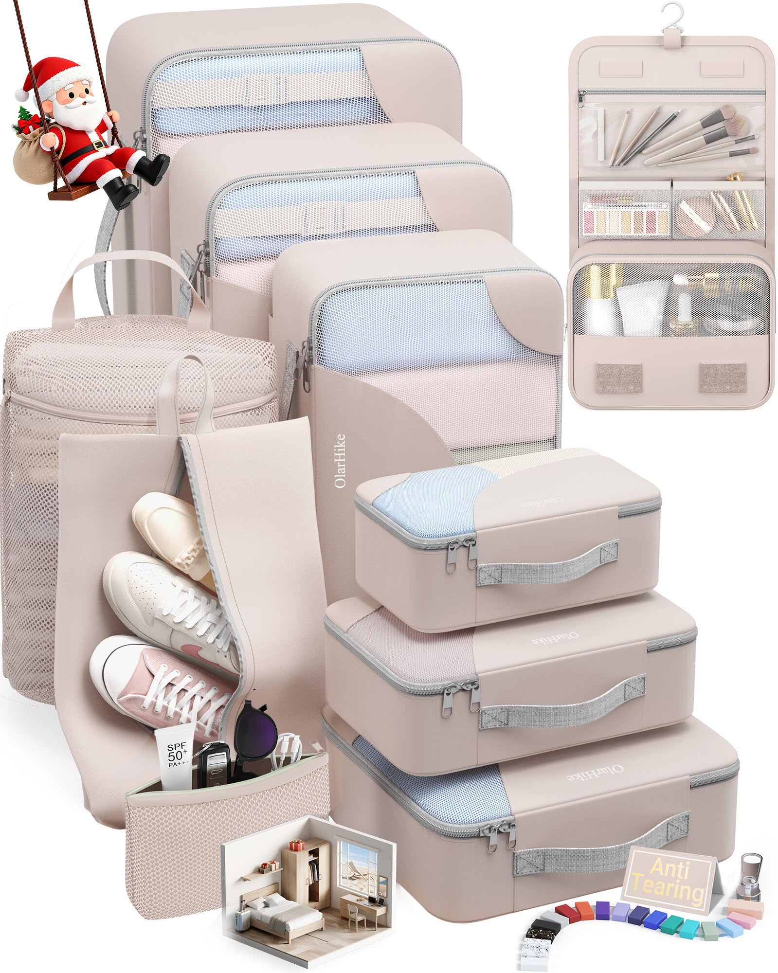 10 Set Packing Cubes for Travel, Gifts for Women Mom,Anti-Tearing Suitcase Organizer for Luggage with Shoe & Hanging Toiletry Bag,OlarHike Vacation Essentials & Accessories for Cruise Ship