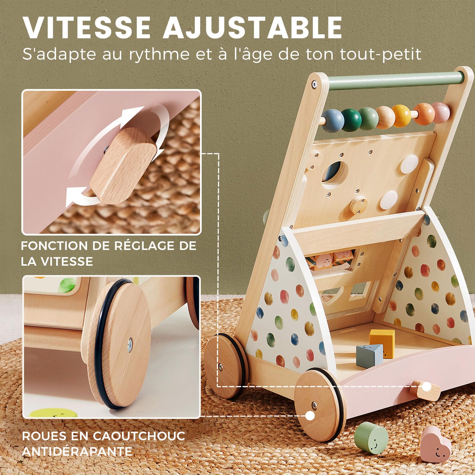 Tiny Land Trotteur en bois pour bébé - Aide à la marche avec vitesse réglable - Pour garçons et filles - Déambulateur et centre d'activité pour bébé