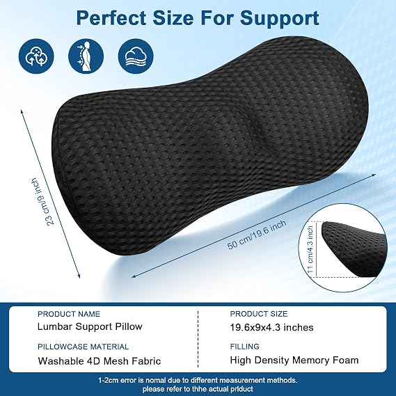 Lumbar Support Pillow For Lower Back Pain Relief,Back Lumbar Support Cushion,Ergonomic Lumbar Support Pillow For Office Chair & Car Seat,Breathable Memory Foam Back Pillow