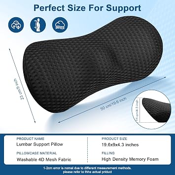 Lumbar Support Pillow For Lower Back Pain Relief,Back Lumbar Support Cushion,Ergonomic Lumbar Support Pillow For Office Chair & Car Seat,Breathable Memory Foam Back Pillow