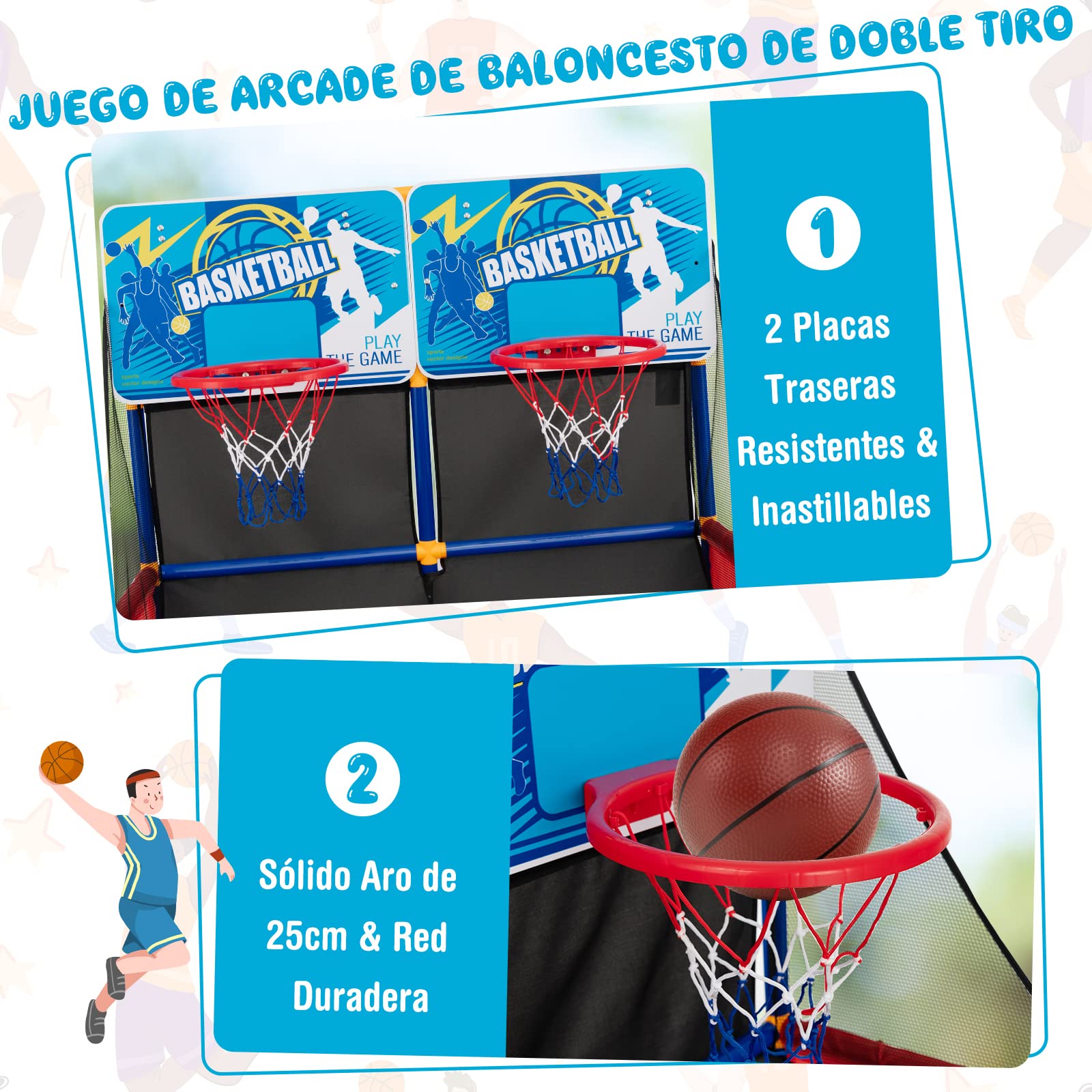 COSTWAY Mini Canasta Baloncesto Habitacion, Juego de Baloncesto de Doble Tiro, 4 Balones, Bomba de Inflado para Interiores y Exteriores, Regalo de Cumpleaños para Niños, Fácil Montaje