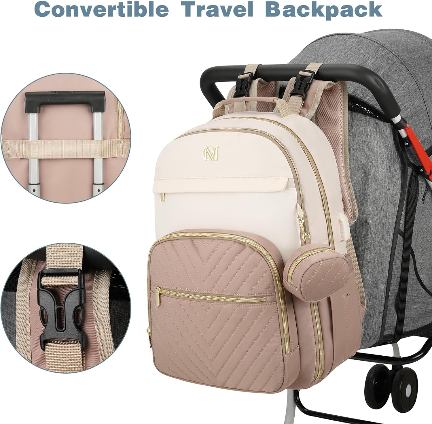 MOMUVO Diaper Bag Backpack, Quilted Baby Bag with Changing Pad & Stroller Straps & Pacifier Case, Large Travel Diaper Bags for Mom Dad, Khaki