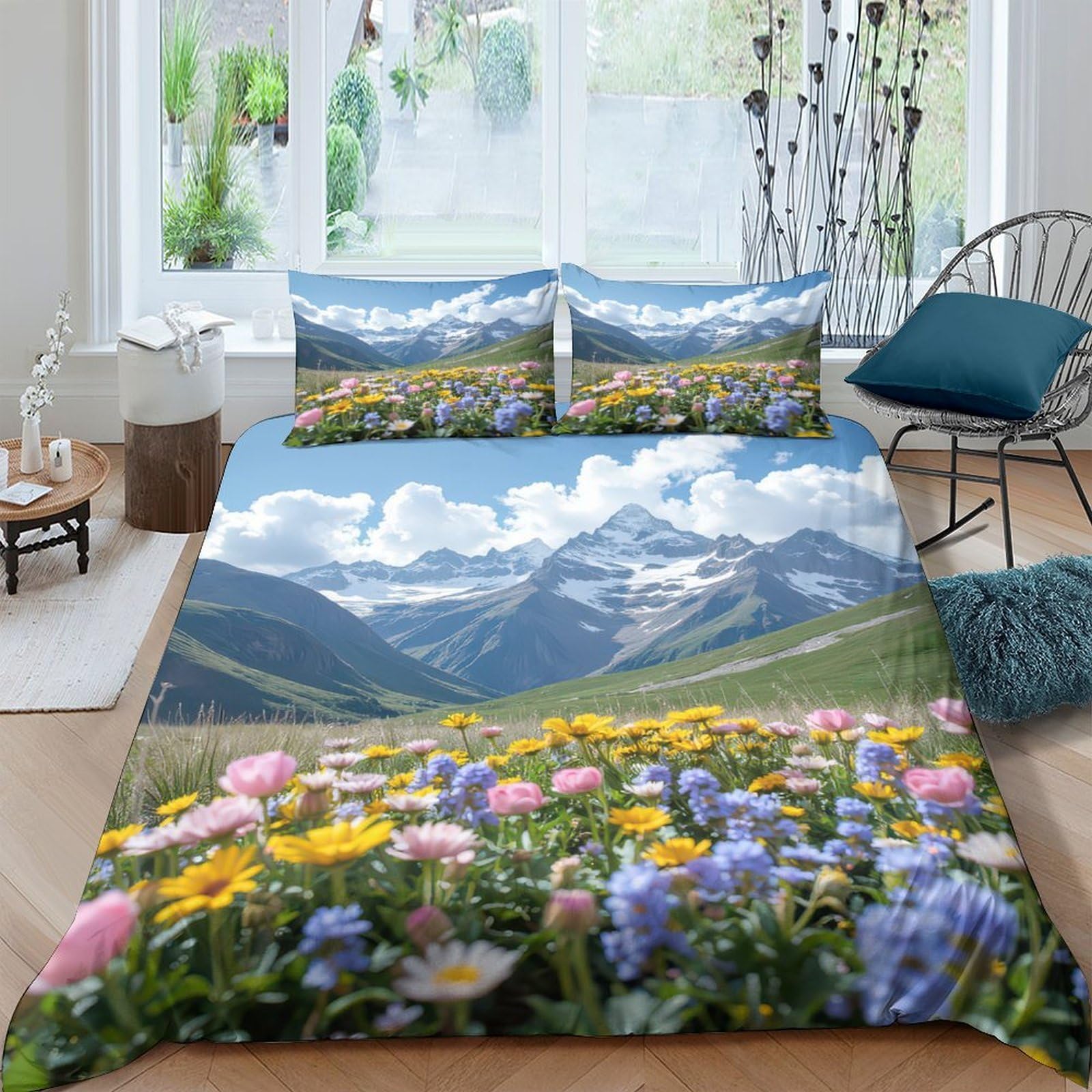 Ctjqhvkz Style-7 3D Printed Alpine Meadow Fitted Sheet Microfiber Soft Mountain View Bed Cover For Bedroom Guest Room Decor Mattress Protection Single（135X200cm）