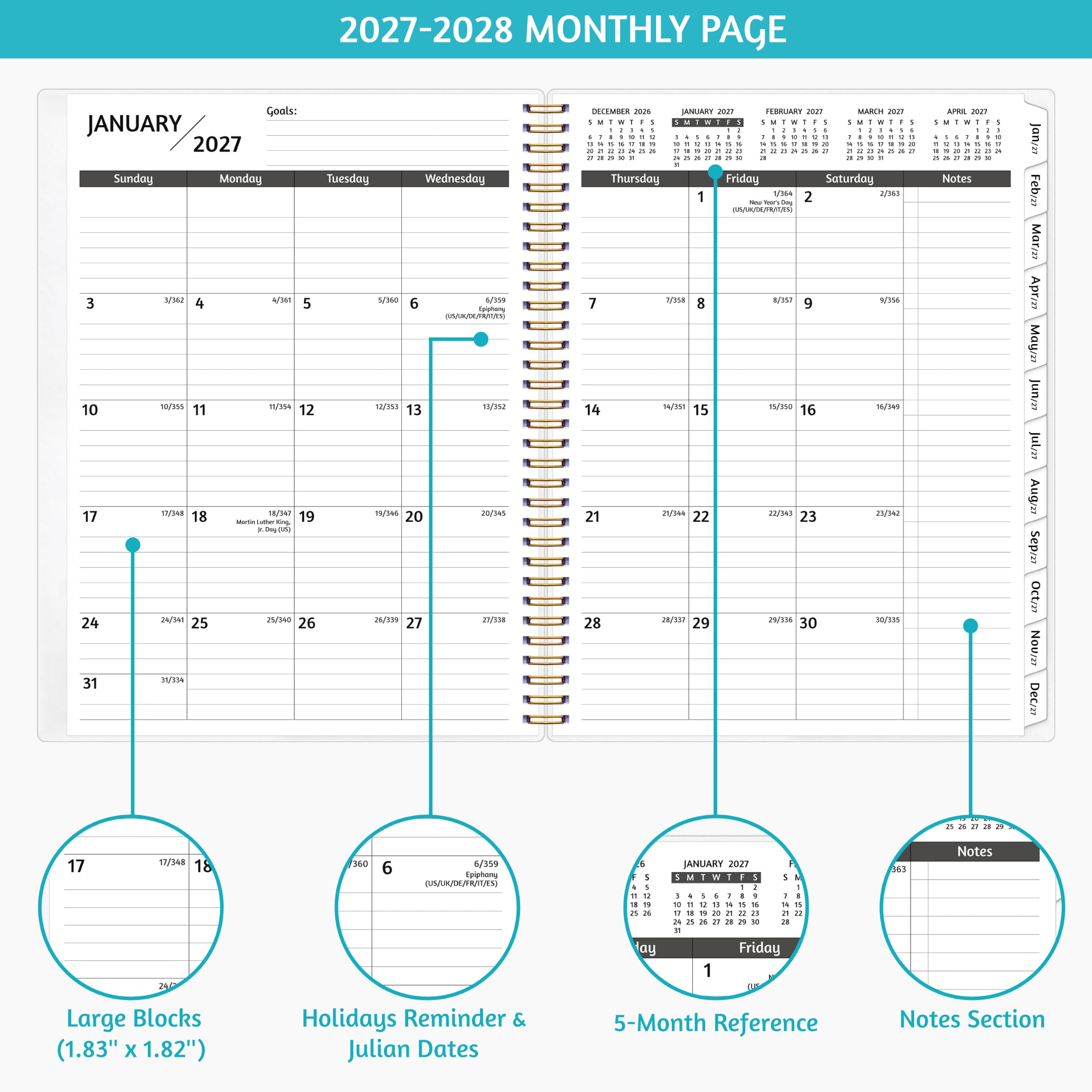 Monatsplaner 2027–2028, 18 Monate, Kalender 2027–2028 von Januar 2027–Juni 2028, 21,6 x 27,9 cm, mit linierter Aufbreitung, flexiblem Einband, Spiralbindung, Tasche, beschichtete Tabs, Notizen und