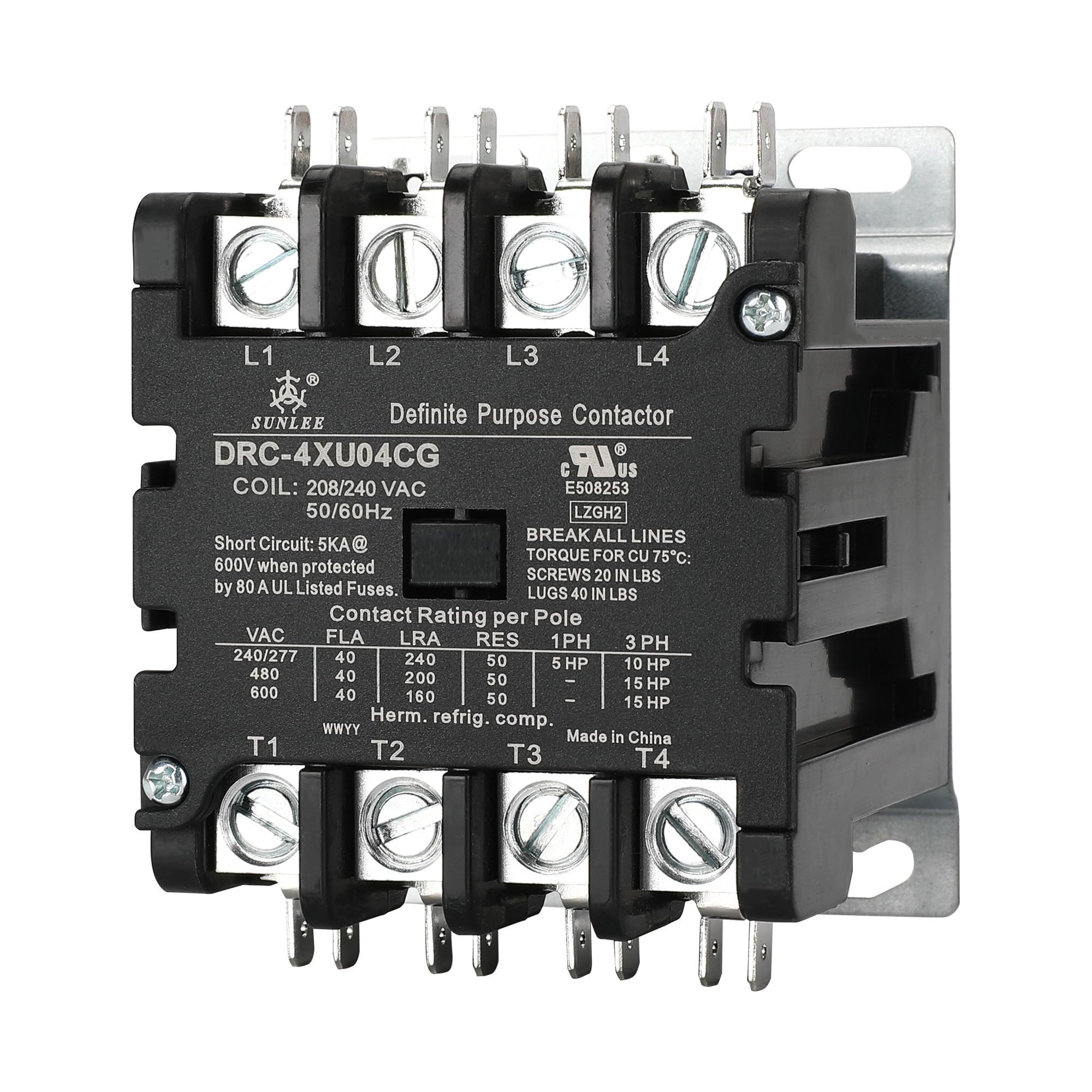 SUNLEE 4 Pole 40 Amp 50 RES 208/240V Coil Contactor fits Siemens 42CF25AG Lighting Heating Refrigeration Contactor, UL Recognized & Approved for UL 60335