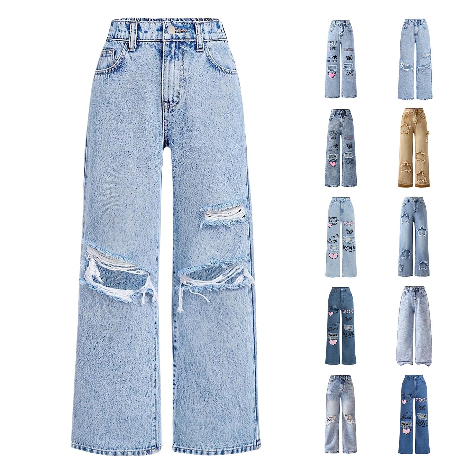 Baggy Jeans Mädchen mit Gummizug Wide Leg Denim Hosen Weite Hose High Waist für Teenager und Kinder Hip Hop Style Y2k Mode Cool Lang Hose Mode Streetwear Teenager Kleidung für 7-14 Jahre