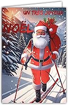 AFIE 61-5833 Merry Christmas Card with Text Glossy Red and White Envelope Size 12 x 17.5 cm - Santa Claus who goes cross-country skiing in the forest with his hood full of gifts - Made in France