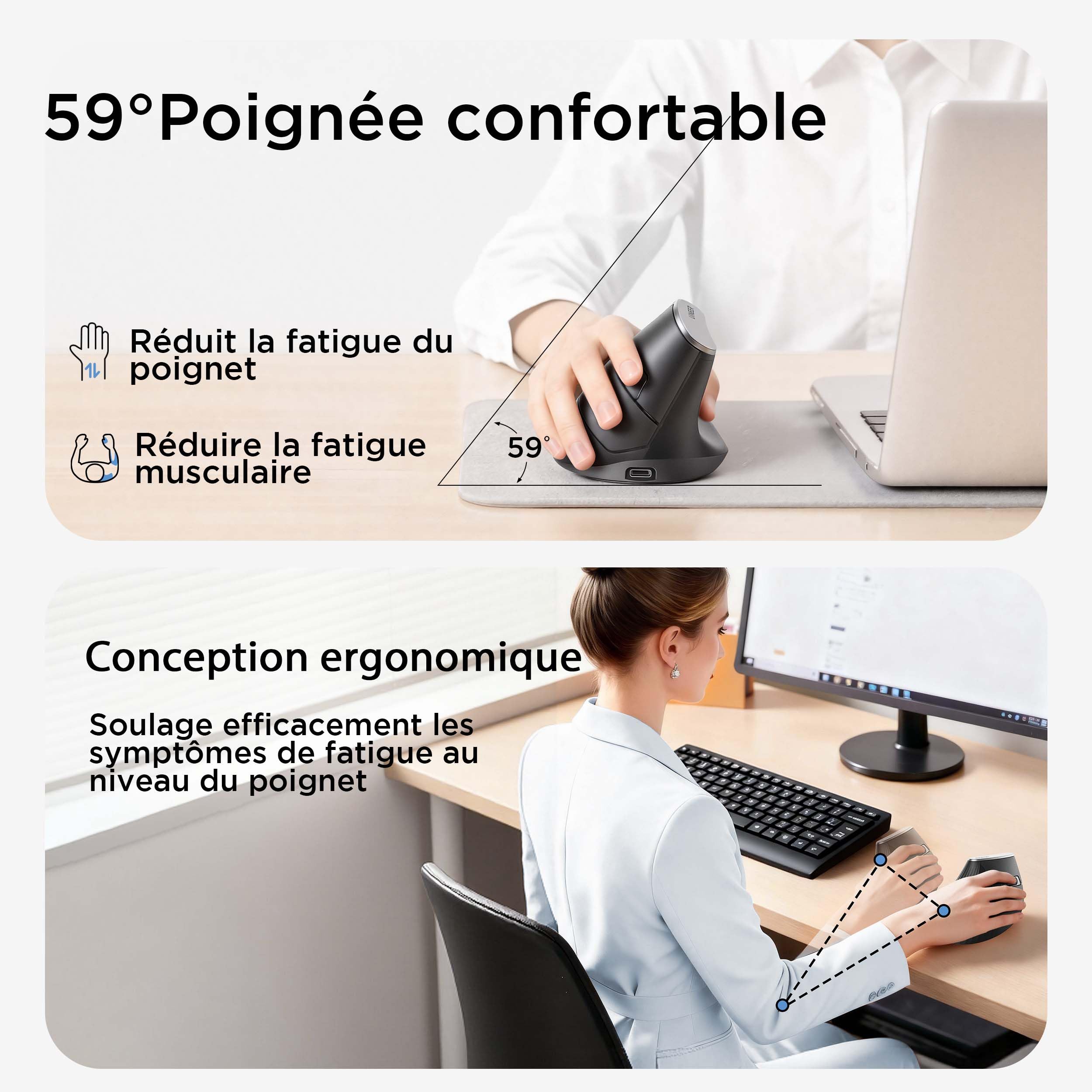 souris ergonomique sans fil, souris verticale 2,4G avec Indicateur de Batterie, DPI à 4 Niveaux, Confort et la Réduction de la Fatigue du Poignet, Idéale pour l'Usage à la Maison, Bureau, Noire